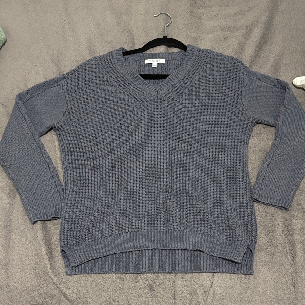 Blue V-Neck Knit Sweater